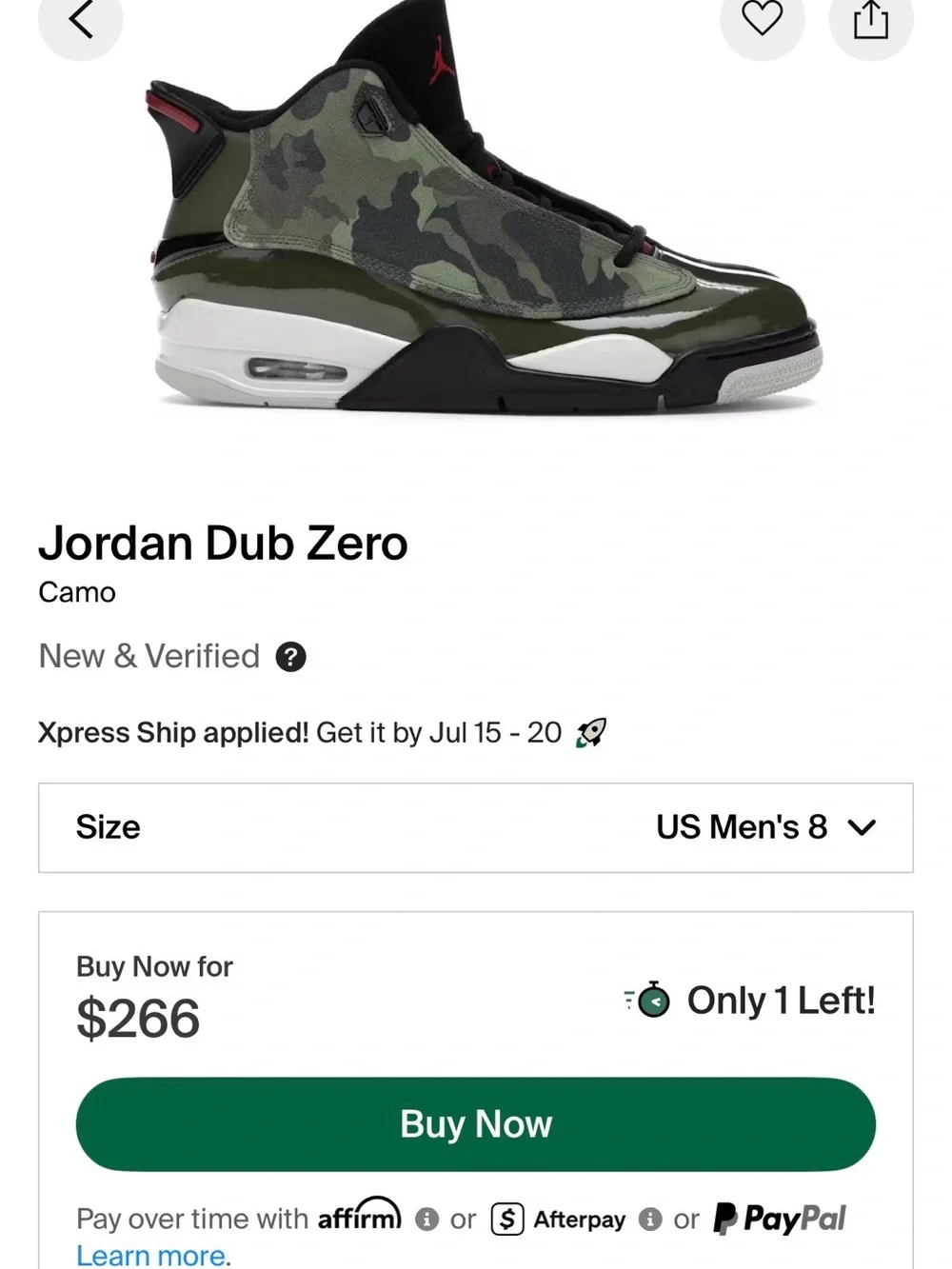 Jordan Camo Dub Zero in Olive, Black, Red authenticated on stock X